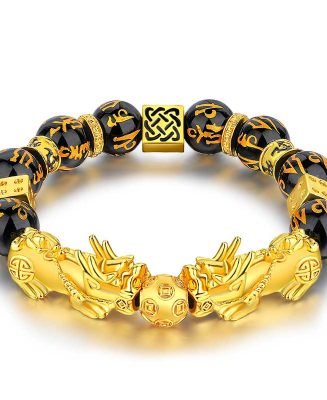 Double Pixiu black obsidian wealth bracelet